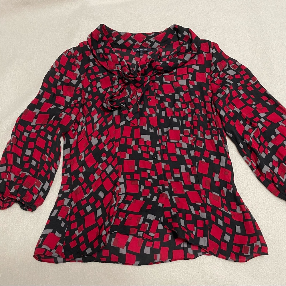 Annie Klein silk red white black geometric bow blouse (size 10)